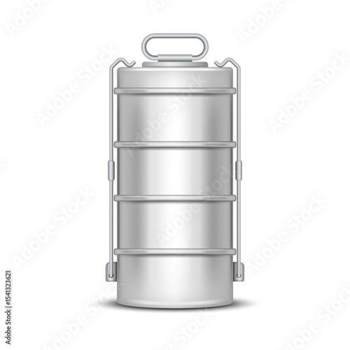 Stainless steel tiffin carrier with four containers front view isolated on white background realistic 3d vector, dabbas traditional food storage used in India and Asia.