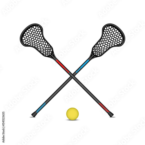 Crossed two of black lacrosse sticks and yellow ball realistic 3d vector isolated on white background front view, lacrosse sport equipment composition for competition poster or banner.