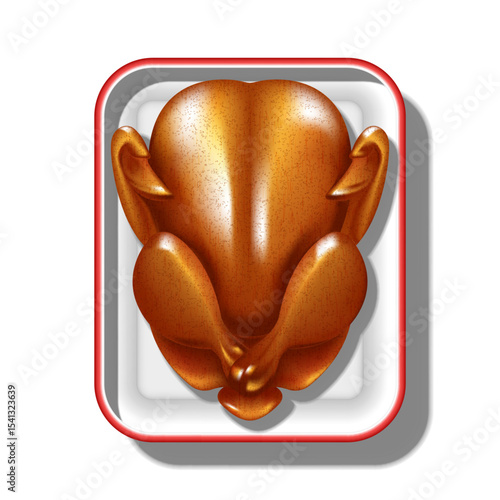 Roasted whole chicken with crispy brown skin served on white tray with red rim top view isolated on white background, realistic 3d vector illustration for cookbook, thanksgiving, food packaging.