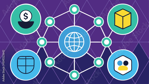 Wallpaper Mural Illustration of a global network with icons representing finance, data, and communication tools Torontodigital.ca