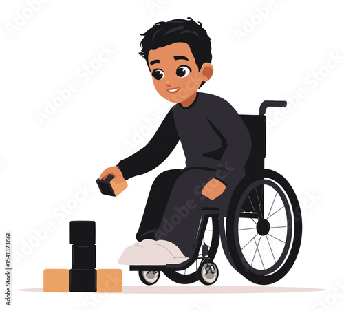 Happy Child in Wheelchair Playing with Blocks in Colorful Cartoon Style