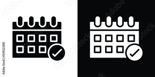 Calendar check icon in flat black solid vector set