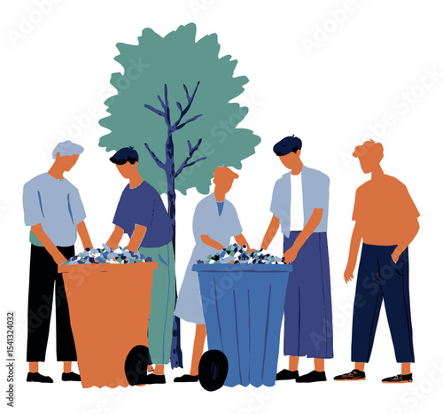 People Cleaning Up Environment in Vector Cartoon Style Illustration