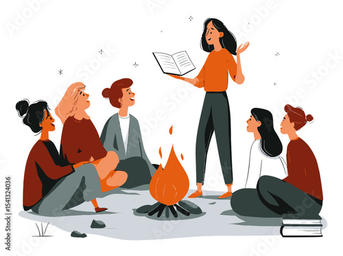 Group of Friends Enjoying Storytelling by Campfire in Cartoon Style
