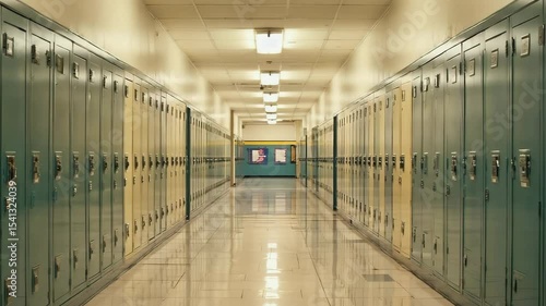 Empty Hallway of a School or College with Rows of Green and Yellow Lockers and Fluorescent Lights