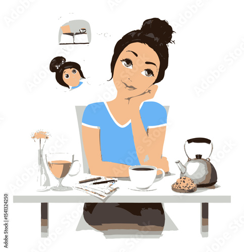 Woman Dreaming at Table with Tea and Cookies in Cartoon Vector Style