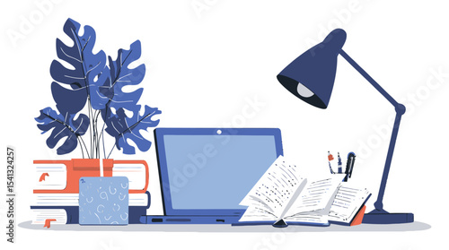 Cozy Workspace Setup with Books, Laptop, and Indoor Plant in Cartoon Style