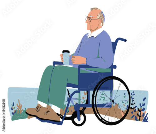Senior Man in Wheelchair with Coffee Cup in Cartoon Style Illustration