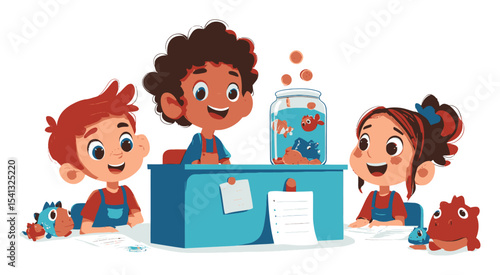 Kids Engaging with Fish Tank at Classroom Table with Bright Colors and Fun