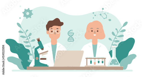 Scientists in Laboratory with Microscope, Beakers, and DNA Illustration