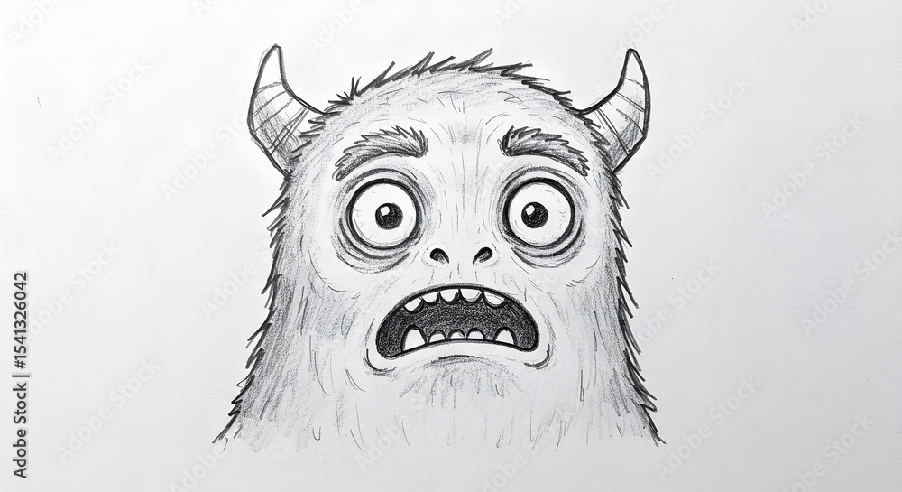 Obraz premium A Detailed Pencil Sketch of a Frightened Monster with Horns and Wide Eyes