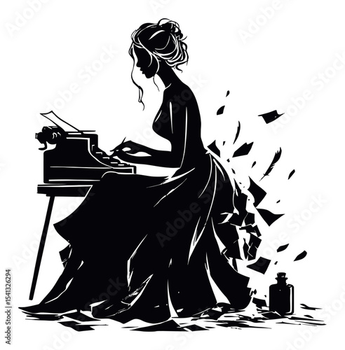 Elegant Female Writer Creating Art with a Vintage Typewriter Silhouette