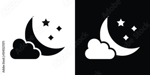 Cloud moon icon in flat black solid vector set