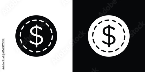 Coin icon in flat black solid vector set