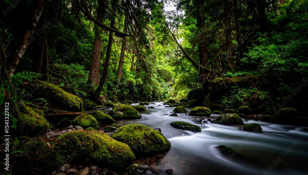 Obraz premium Lush Forest Stream with Mossy Rocks.