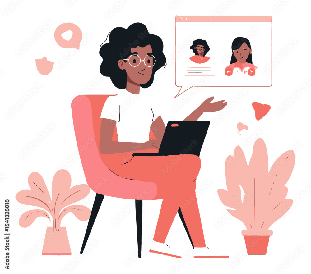 Modern Woman Working on Laptop in Trendy Home Office Setting Illustration Modern Woman Working on Laptop in Trendy Home Office Setting Illustration