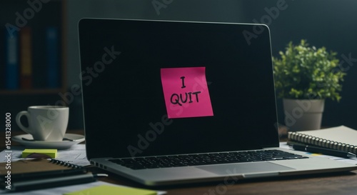 Office Desk with Laptop Displaying a Note Reading 'I Quit'