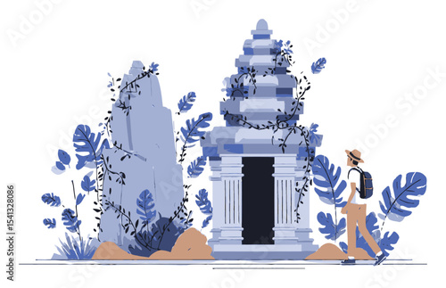 Vector Cartoon Illustration of Explorer Near Ancient Ruins and Nature