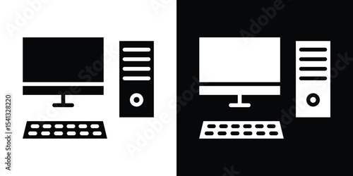 Computer icon in flat black solid vector set