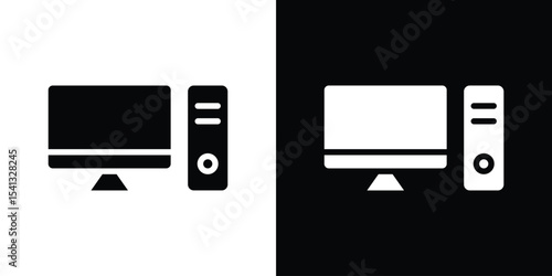 Computer icon in flat black solid vector set