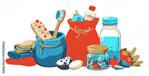 Colorful Illustration of Household Items for Daily Personal Care and Hygiene