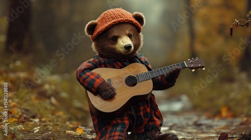 Teddy Bear Playing Guitar in a Forest