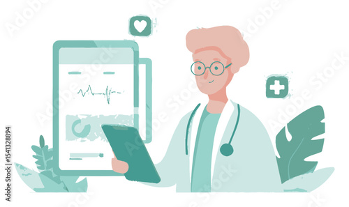 Doctor Holding Tablet with Health Data in Soft Colorful Vector Illustration