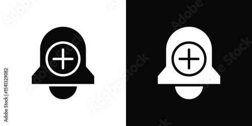 Cowbell circle plus icon in flat black solid vector set