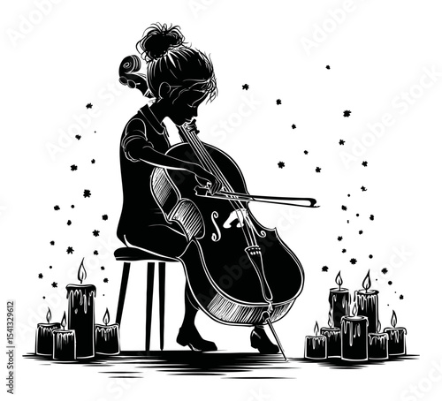 Abstract Illustration of Girl Playing Cello Surrounded by Candles
