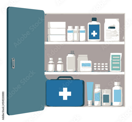 Medical Cabinet with Supplies and First Aid Kit in Vector Style