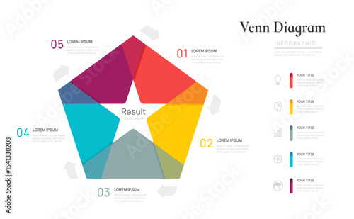 Infographic Venn diagram chart star template for business 5 parts options, presentation with venn diagram elements vector illustration.