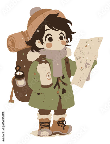 Young Adventurer with Map and Backpack in Vector Cartoon Style Illustration