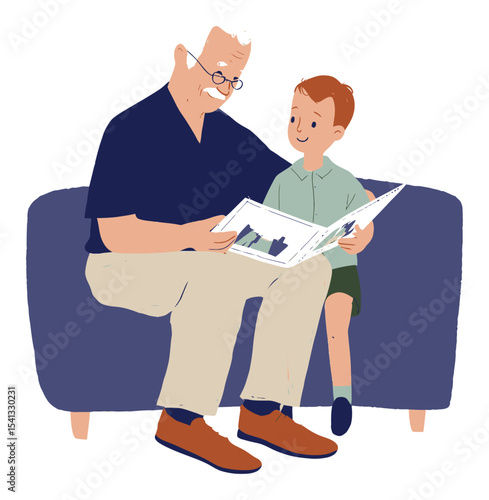 Grandfather Reading Book to Grandson in Cartoon Style Vector Illustration
