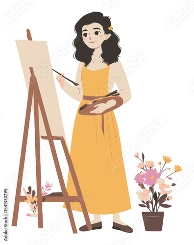 Young Artist in Yellow Dress Painting Floral Canvas in Cartoon Style