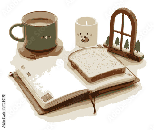 Cozy Morning Scene with Note, Toast, Candle, and Coffee Mug in Cartoon Style