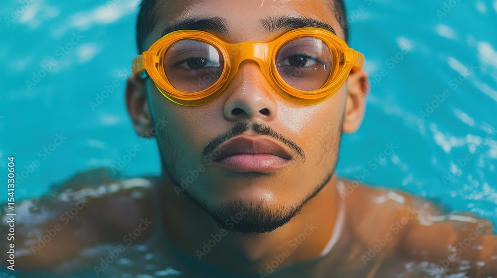 Naklejka premium Man with Orange Goggles in Blue Water