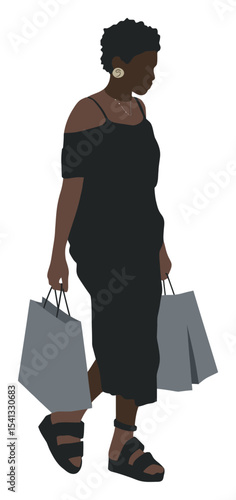 Stylish Woman Walking with Shopping Bags in Minimalist Vector Illustration