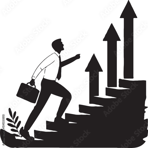 Ascending to Success: An ambitious individual strides up a staircase towards upward-pointing arrows. The image is a dynamic visualization of goal setting and progress.