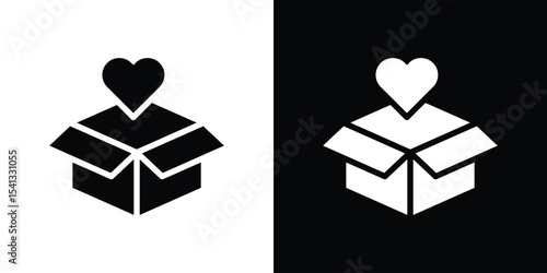 Donation box icon in flat black solid vector set