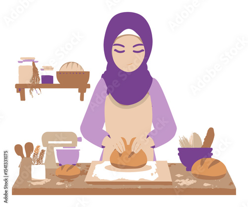 Woman in Hijab Making Bread in Cozy Kitchen - Vector Cartoon Style