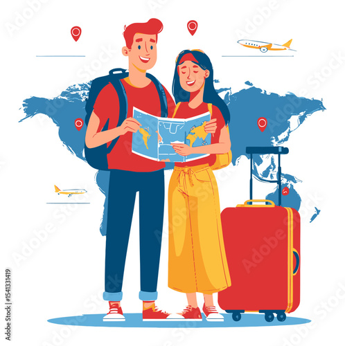 Happy Travelers Exploring the World with Map and Luggage on Adventure