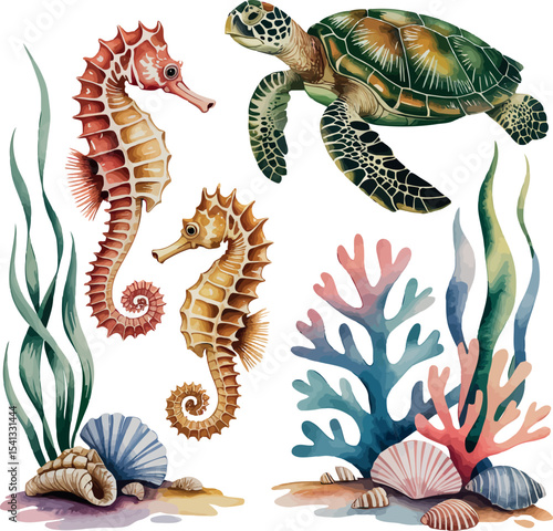 Two seahorses and a sea turtle inhabit a vibrant coral reef landscape. The seahorses are depicted in warm colors, while the turtle's shell displays intricate patterns. 