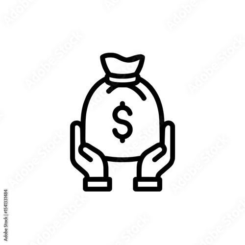 Outline icon of hands holding a money bag with dollar sign on transparent background , no background 