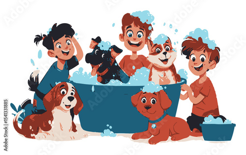 Kids Enjoying a Fun Dog Wash with Bubbles and Playful Dogs in a Cartoon Style