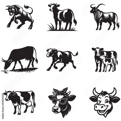 bundle of cute cow silhouette clipart, black and white cow domestical animal illustration, Funny cow Farm Animal lover design sublimation
