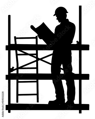 Silhouette of a Worker on Scaffolding Holding Plans in a Construction Site
