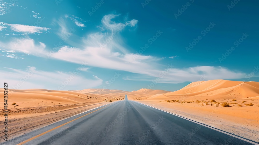 Fototapeta premium Empty asphalt road stretching through a vast desert landscape under a vibrant blue sky.
