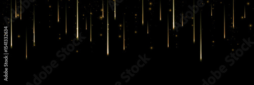 Golden shooting stars cascade down dark night background - meteor shower with warm light trails and sparkles for luxury celebration, festive event decoration and magical space themed design elements.