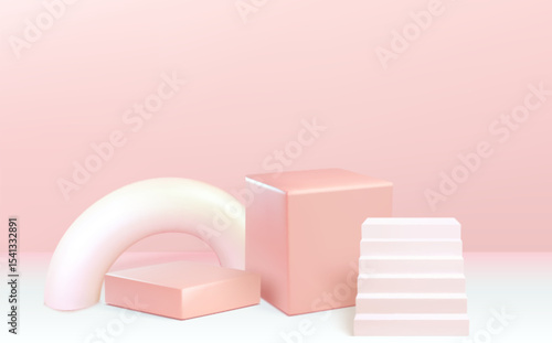Soft pink geometric podium with stair shapes and cube platforms - minimal 3d display stages for beauty product photography, cosmetic branding showcase and feminine commercial presentation backdrop.