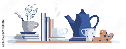 Cozy Tea Time Setup with Teapot, Cups, and Books in Cartoon Style